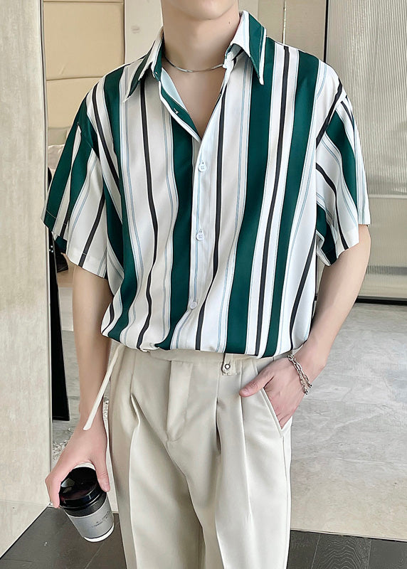 Boutique Green Peter Pan Collar Striped Chiffon Mens Shirt Summer