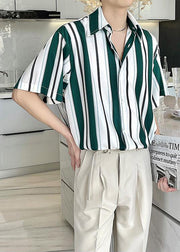 Boutique Green Peter Pan Collar Striped Chiffon Mens Shirt Summer