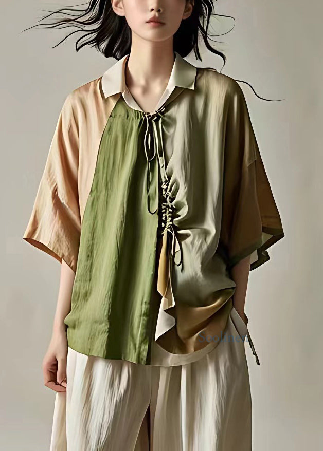 Boutique Green Peter Pan Collar Tie Waist Shirt Summer