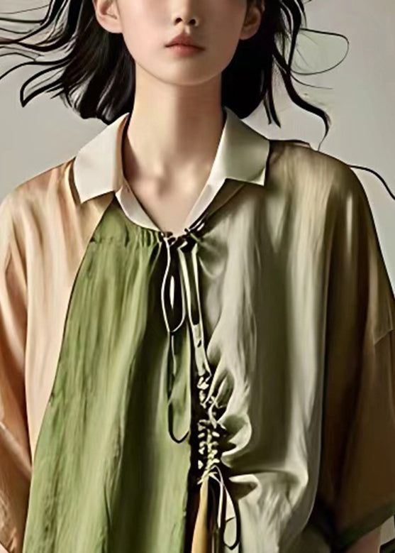 Boutique Green Peter Pan Collar Tie Waist Shirt Summer