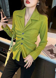 Boutique Green Peter Pan Collar Wrinkled Button Shirt Top Long Sleeve