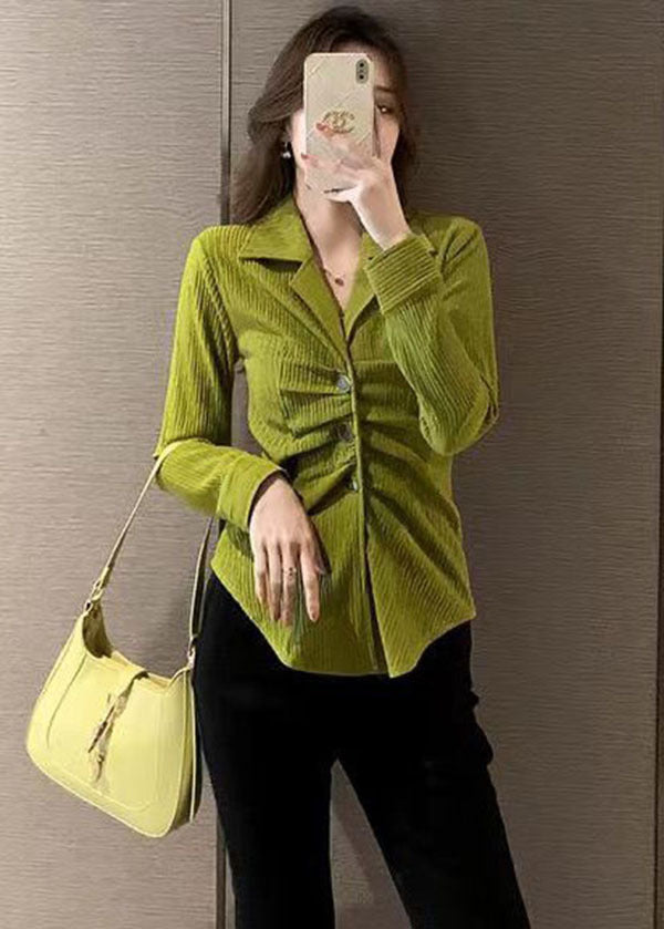 Boutique Green Peter Pan Collar Wrinkled Button Shirt Top Long Sleeve