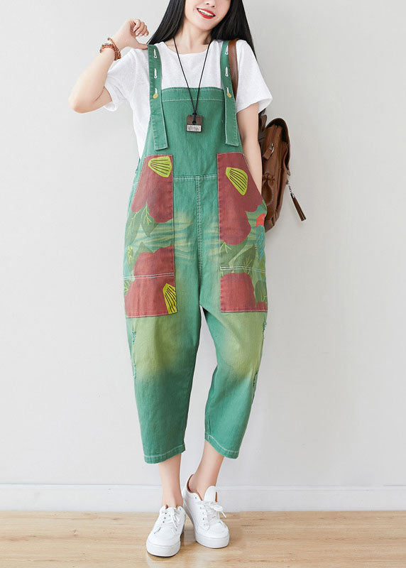 Boutique Green Pockets Patchwork Print Denim Jumpsuits Pants Spring