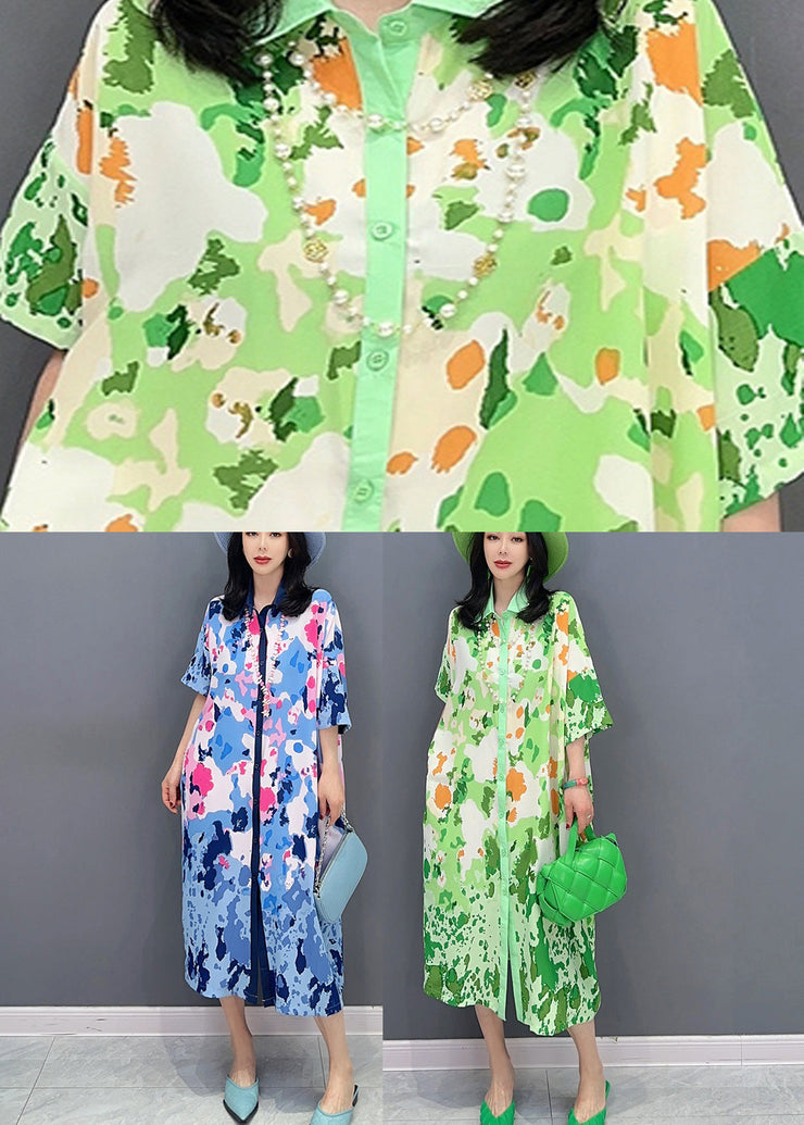 Boutique Green Print Button Party Long Shirts Dress Sunmer