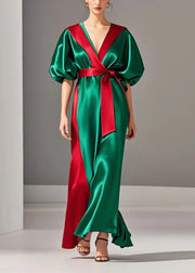 Boutique Green Puff Sleeve Patchwork Silk Robe Cinched Dresses