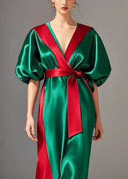 Boutique Green Puff Sleeve Patchwork Silk Robe Cinched Dresses