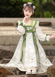 Boutique Green Ruffled Embroideried Patchwork Chiffon Kids Girls Dress Long Sleeve