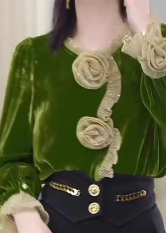 Boutique Green Ruffled Floral Velour Blouse Tops Spring