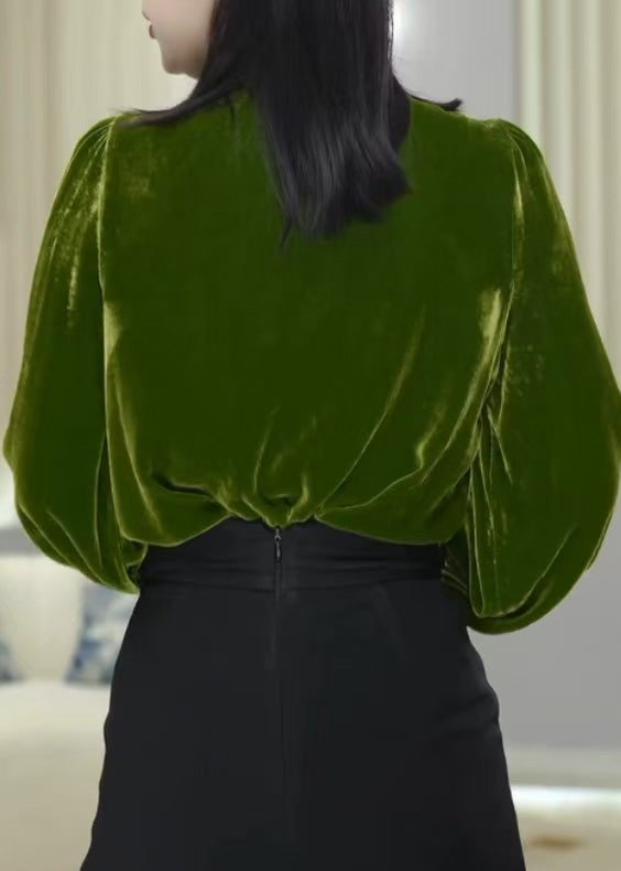 Boutique Green Ruffled Floral Velour Blouse Tops Spring