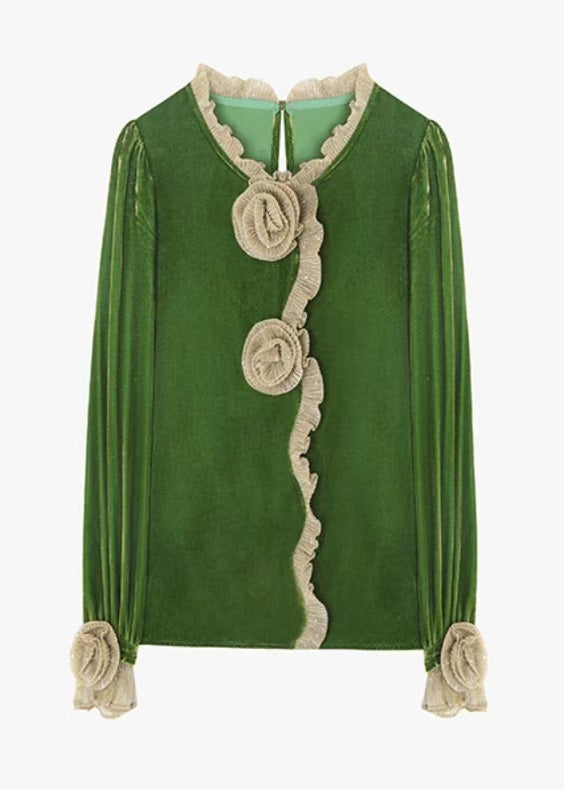 Boutique Green Ruffled Floral Velour Blouse Tops Fall