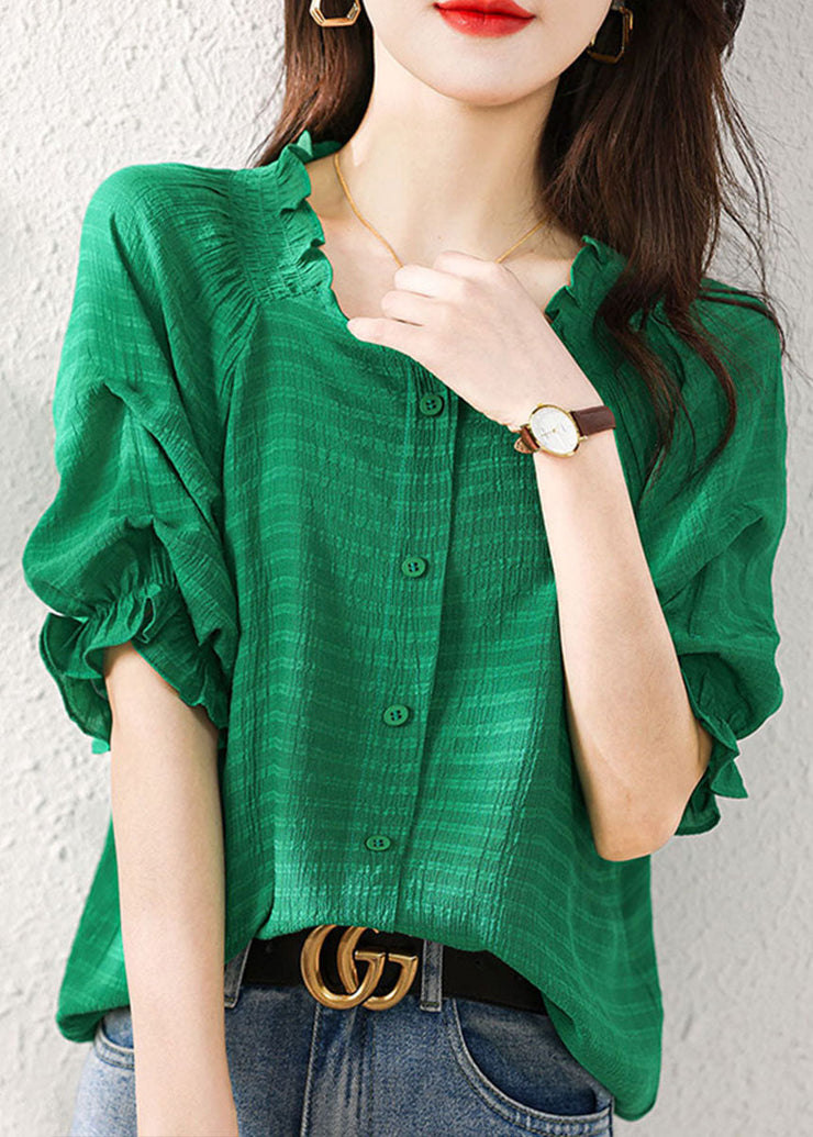 Boutique Green Ruffled Patchwork Chiffon Shirts Tops Summer