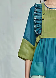 Boutique Green Ruffled Wrinkled Patchwork Shirt Full