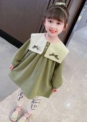 Boutique Green Sailor Collar Print Kids Mid Dresses Fall