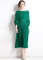 Boutique Green Solid Color Sashes Chiffon Pleated Dress Batwing Sleeve