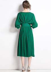 Boutique Green Solid Color Sashes Chiffon Pleated Dress Batwing Sleeve