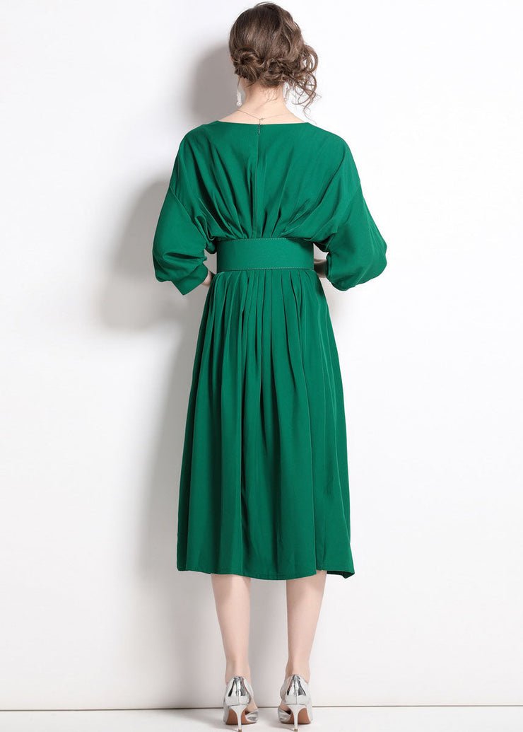 Boutique Green Solid Color Sashes Chiffon Pleated Dress Batwing Sleeve