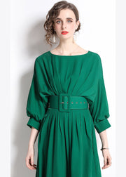 Boutique Green Solid Color Sashes Chiffon Pleated Dress Batwing Sleeve