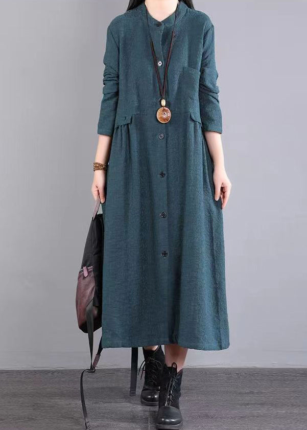 Boutique Green Stand Collar Button Patchwork Cotton Dress Fall