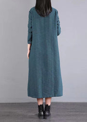 Boutique Green Stand Collar Button Patchwork Cotton Dress Fall