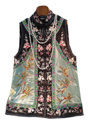 Boutique Green Stand Collar Embroideried Patchwork Nail Bead Button Silk Tops Sleeveless