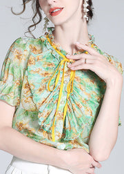 Boutique Green Stand Collar Print Ruffled Neck Tie Silk Top Summer