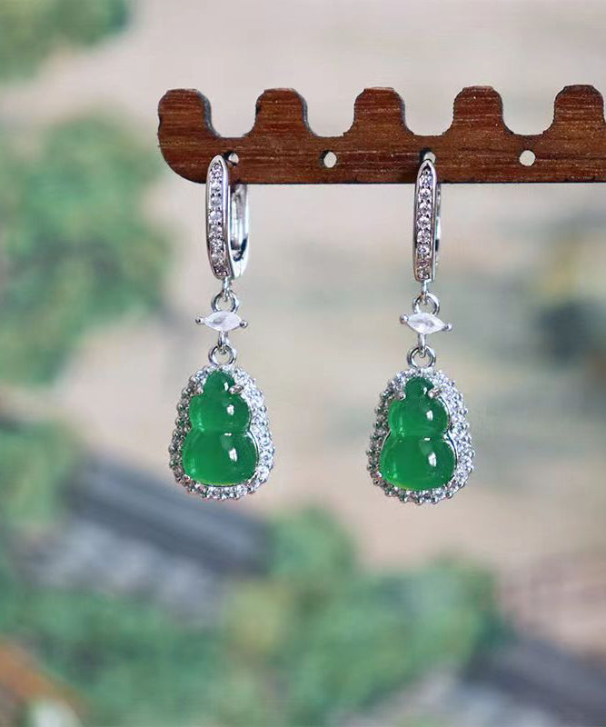 Boutique Green Sterling Silver Inlaid Zircon Jade Gourd Drop Earrings