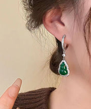 Boutique Green Sterling Silver Inlaid Zircon Jade Gourd Drop Earrings