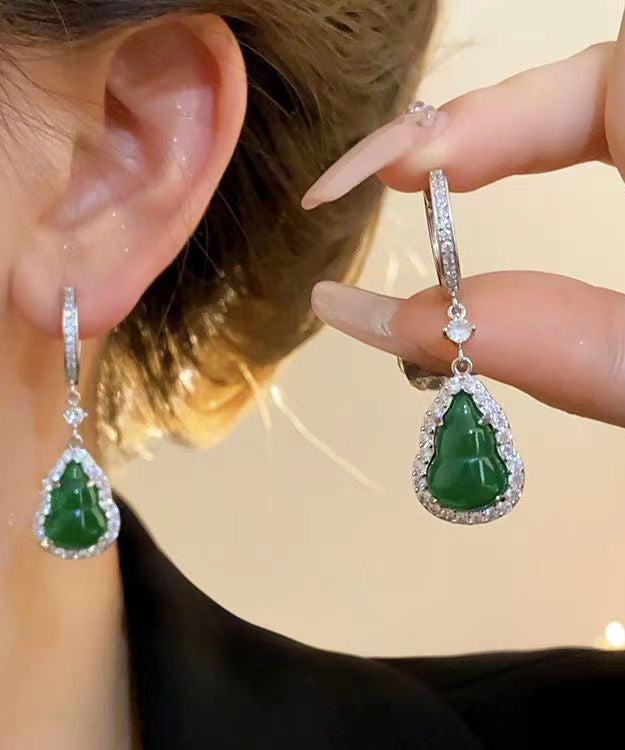 Boutique Green Sterling Silver Inlaid Zircon Jade Gourd Drop Earrings