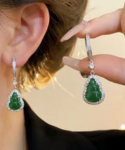 Boutique Green Sterling Silver Inlaid Zircon Jade Gourd Drop Earrings