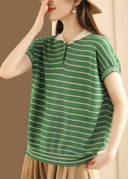Boutique Green Striped Peter Pan Collar Patchwork Linen Knit Top Summer
