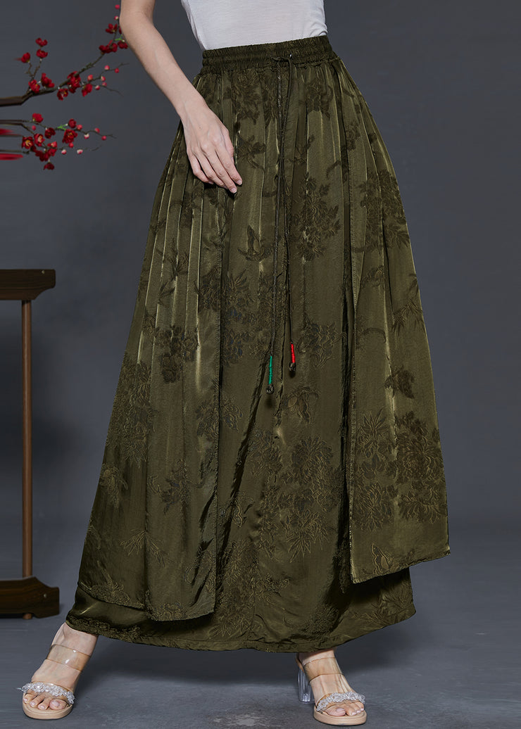 Boutique Green Tasseled Print Silk Skirt Fall