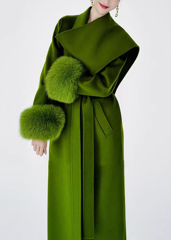 Boutique Green Tie Waist Patchwork Wool Coats Spring