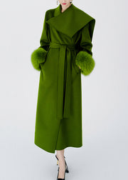 Boutique Green Tie Waist Patchwork Wool Coats Spring