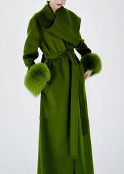 Boutique Green Tie Waist Patchwork Wool Coats Spring