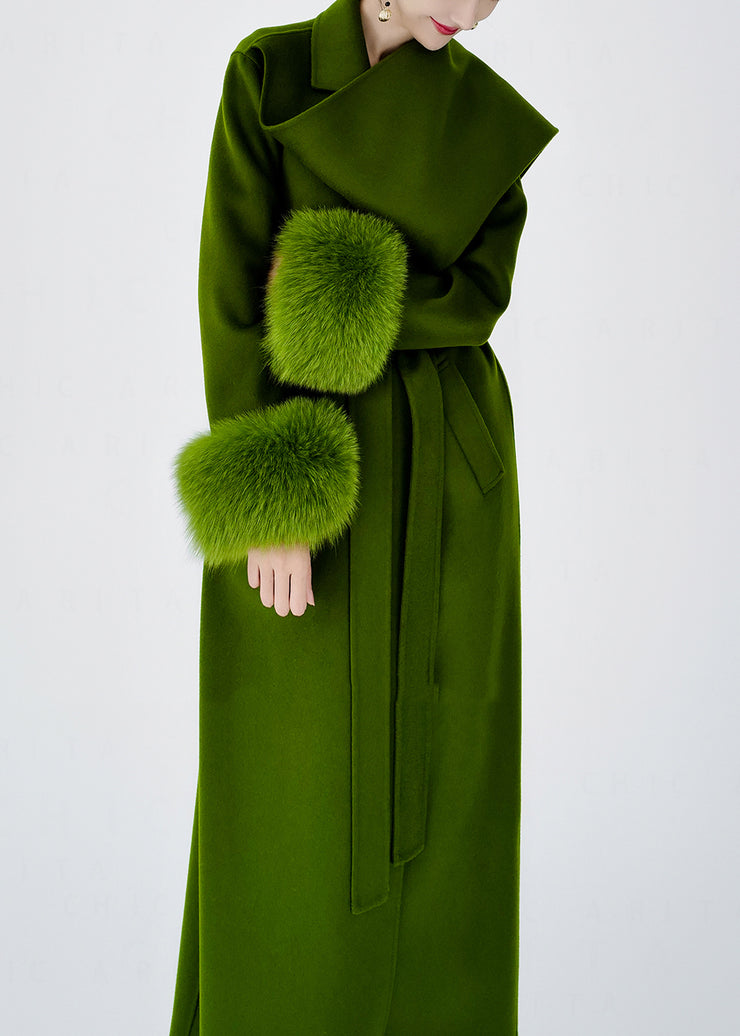 Boutique Green Tie Waist Patchwork Wool Coats Spring