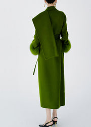 Boutique Green Tie Waist Patchwork Wool Coats Spring