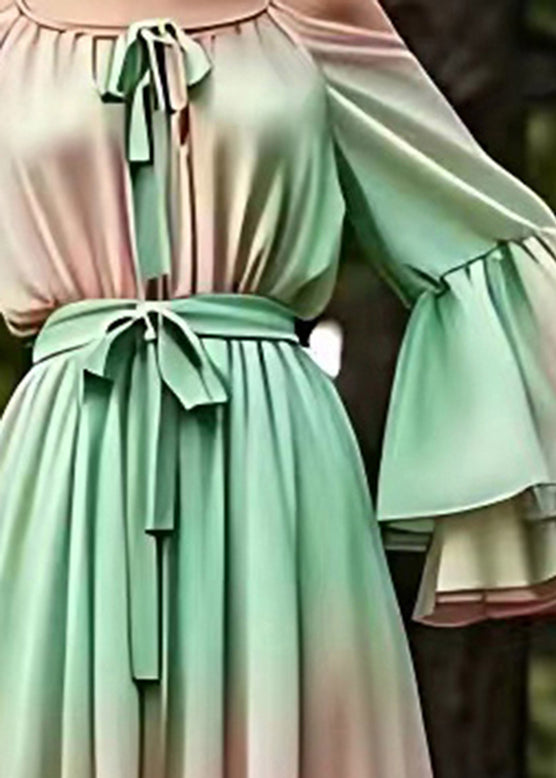 Boutique Green U Neck Patchwork Silk Maxi Dress Flare Sleeve