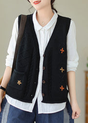 Boutique Green V Neck Embroidered Knit Vest Fall