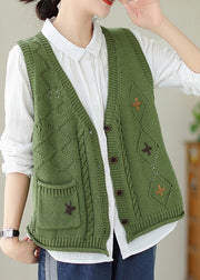 Boutique Green V Neck Embroidered Knit Vest Fall