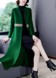 Boutique Green V Neck Embroideried Slim Fit Woolen Trench Winter