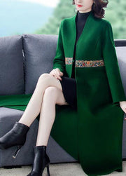 Boutique Green V Neck Embroideried Slim Fit Woolen Trench Winter