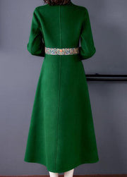 Boutique Green V Neck Embroideried Slim Fit Woolen Trench Winter