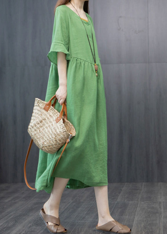 Boutique Green V Neck Patchwork Linen Robe Dresses Butterfly Sleeve