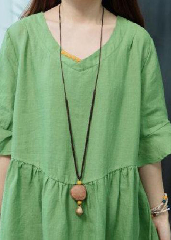 Boutique Green V Neck Patchwork Linen Robe Dresses Butterfly Sleeve