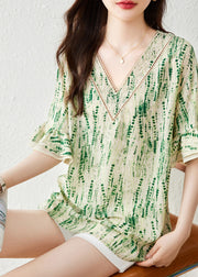 Boutique Green V Neck Print Chiffon Shirt Butterfly Sleeve