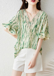 Boutique Green V Neck Print Chiffon Shirt Butterfly Sleeve