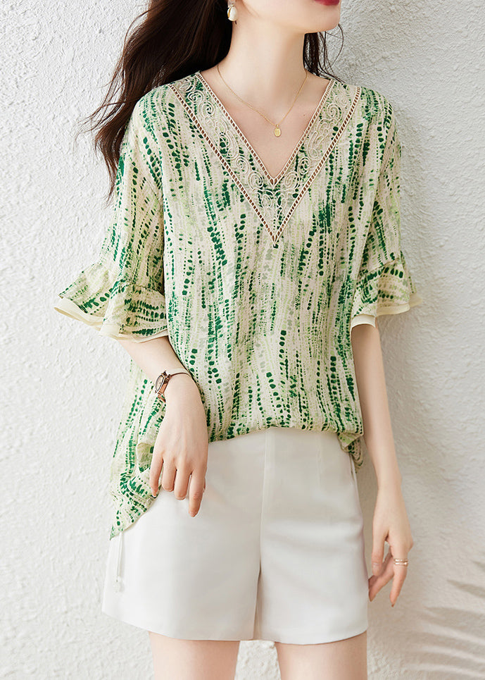 Boutique Green V Neck Print Chiffon Shirt Butterfly Sleeve