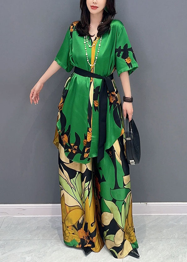 Boutique Green V Neck Print Patchwork Tops And Pants Silk Two Pieces Set Summer