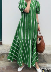 Boutique Green V Neck Striped Patchwork Cotton Dresses Summer