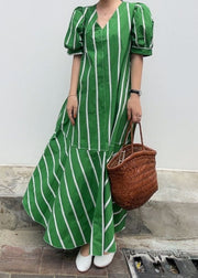 Boutique Green V Neck Striped Patchwork Cotton Dresses Summer